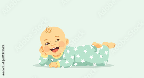 Joyful Baby Rolling And Winking While Wearing Star Patterned Sleepwear Illustration