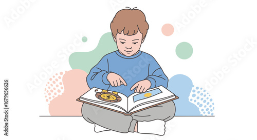Illustration of a young child engrossed in reading a colorful picture book at home
