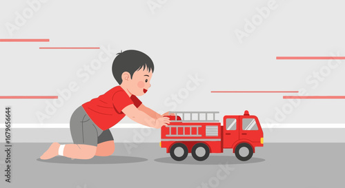 Illustration of a young child happily playing with a red toy fire truck, fun concept