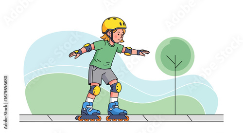 Illustration of a young child roller skating with safety gear on the pavement in a park area