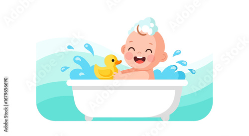 Joyful Baby Taking A Bath, Playing With Yellow Duck, Splashing Water Illustration Picture