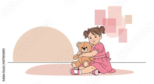 Illustration of a young girl hugging a teddy bear in a playful and heartwarming moment