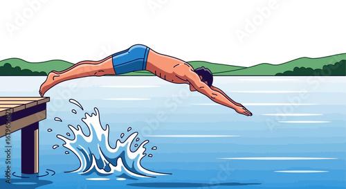 Joyful Body Soaring Through Air Before Plunging Into Water From Elevated Platform