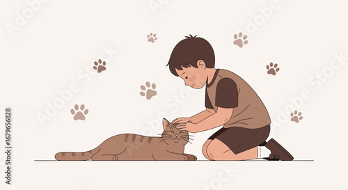 Joyful Bond: A Young Boy Cuddling Gentle Cat With Scattered Paw Prints Of Comfort