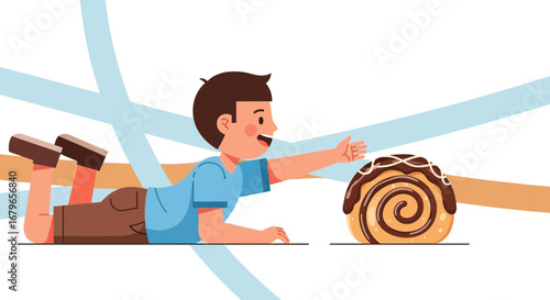 Joyful Boy Approaches Luscious Freshly Made Cinnamon Roll, Delightful Sweet Temptation