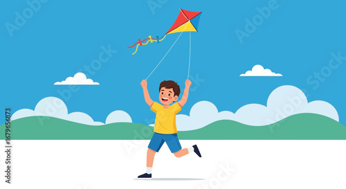 Joyful Boy Flying a Vibrant Kite and Enjoying a Sunny, Playful Day Outdoors