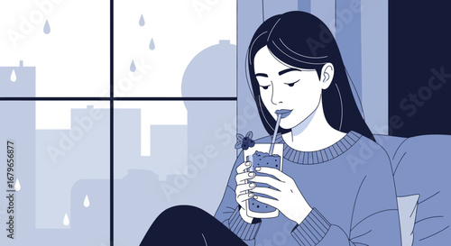 Woman Enjoying a Drink by a Window, Cityscape and Rainy Day Ambiance Present