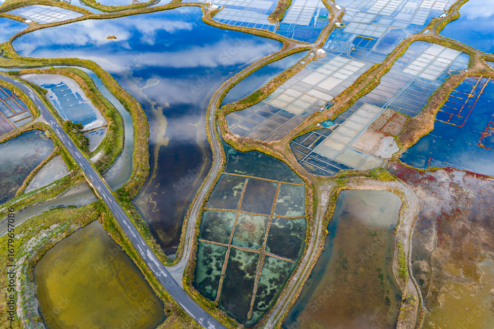 Obraz premium Aerial view of the impressive landscape of the Salt fields of Guerande France 