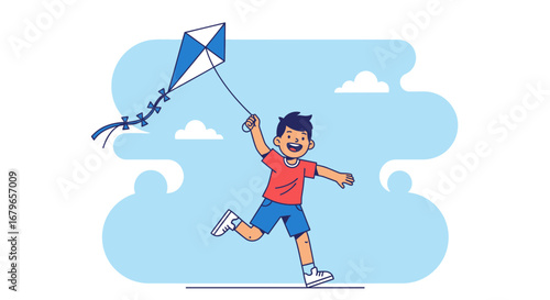 Joyful Boy Enthusiastically Flying a Kite Under a Vivid Blue Sky During a Sunny Day
