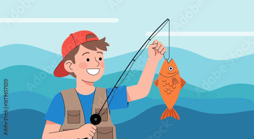 Joyful boy fishing and catching a fish on a sunny day with calm waters background