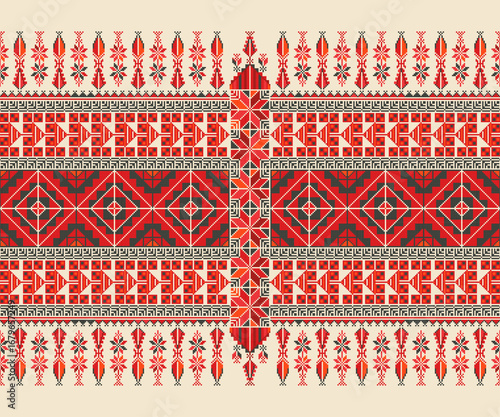 Traditional Tatreez embroidery horizontal seamless pattern, Palestinian border. Scalable vector design for print, background, template