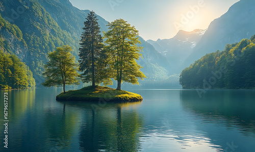 Scenic landscape Tiny island with trees on a calm lake surrounded by mountains under sunlight. Reflections create tranquility