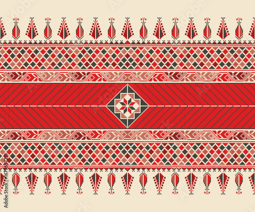 Traditional Tatreez embroidery horizontal seamless pattern, Palestinian border. Scalable vector design for print, background, template