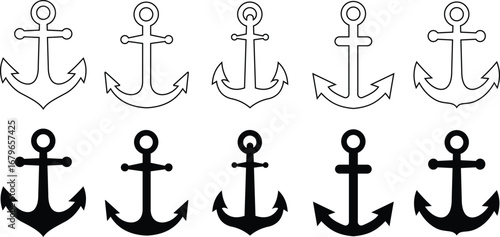 Anchor icon set. Black and outline nautical anchors on isolated transparent background. Ship anchor vector symbol representing stability marine power navigation hope and nautical maritime design.