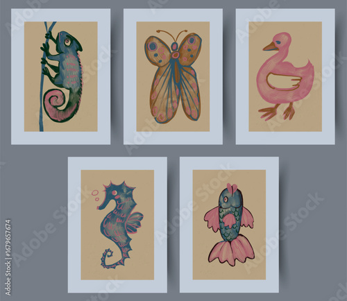 Collection of Colorful and Creative Illustrations of Animals Presented in Framed Artworks