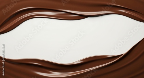 Smooth chocolate swirls frame a white background