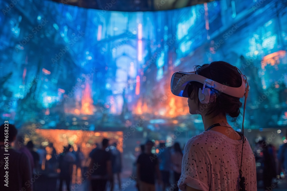 Obraz premium Girl Immersed in VR Experience Futuristic Tech & Digital World Exploration