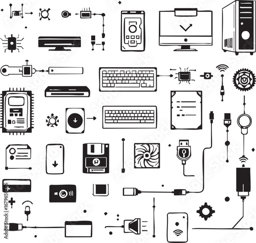 Vintage PC Hardware and Components Doodle Icon Set
