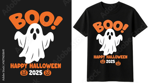 Halloween Ghost T-shirt Design with Boo Typography and Pumpkin | Happy Halloween 2025 Vector Illustration