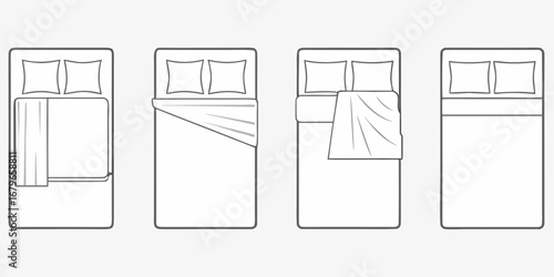 Set of four top down views of beds with different blanket and pillow arrangements
