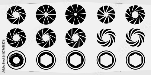 Collection of black camera aperture blades and diaphragm icons on a white background