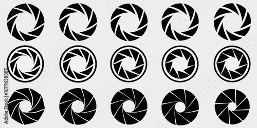 Collection of black camera aperture icons with different blade configurations on a light gray background