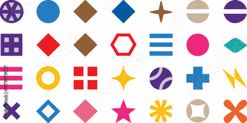 A vibrant collection of colorful geometric shapes and symbols arranged in a grid pattern on a white background