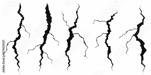 Set of five black graphic illustrations of vertical cracks on a white background