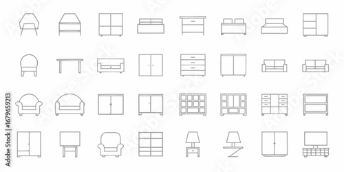 Collection of simple outline icons representing various furniture items for home and office use