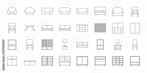 Collection of minimalist line art icons representing various furniture pieces for home and interior design