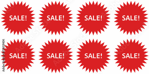 Eight red starburst sale tags with white text announcing sale events