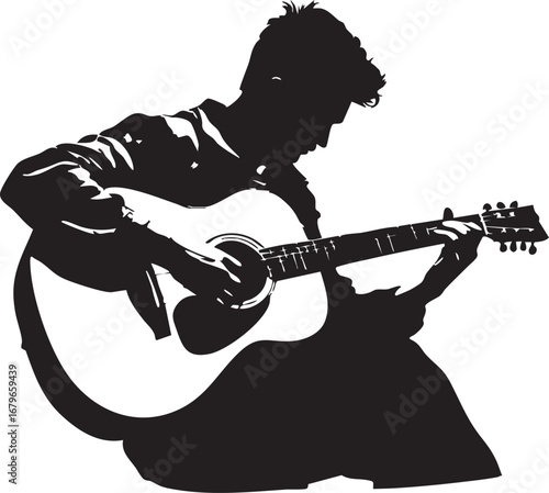 Silhouette of a Person Playing an Acoustic Guitar, a Hand-Drawn Musical Illustration