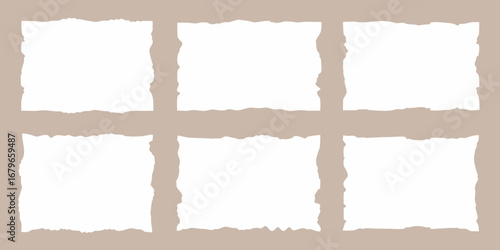 Six blank white torn paper squares arranged in two rows on a light brown background