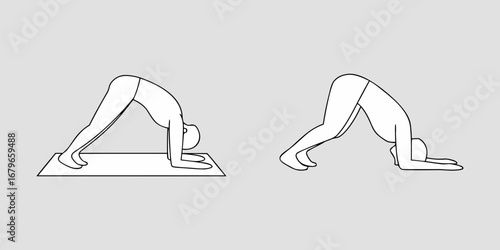 Two simple line art illustrations of a person performing yoga poses on a gray background