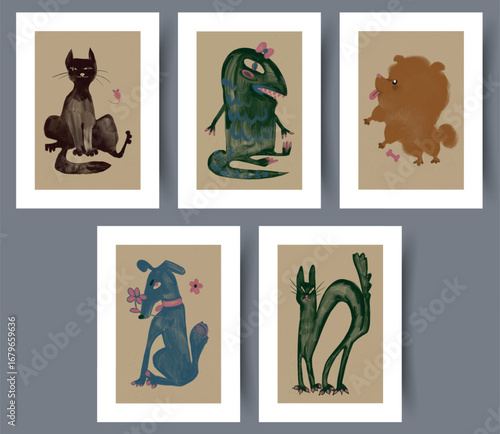 Charming and Whimsical Animal Illustrations Presented in Vibrant and Colorful Frames