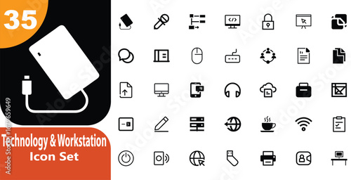 Collection of minimalist technology and workstation line icons, suitable for interface design