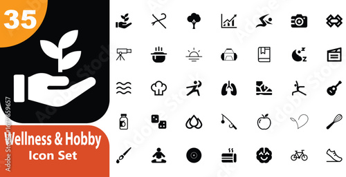 Wellness and hobby icon set featuring various activities and health related items