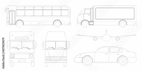 Collection of simplified line art drawings of various vehicles including a bus truck airplane and car