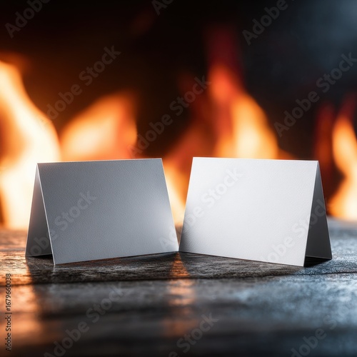 Folded business card mockup on wooden surface with fire background — realistic branding template