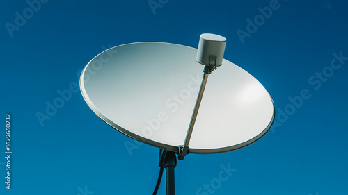 White Satellite Dish on Black Metal Pole Against Deep Blue Sky