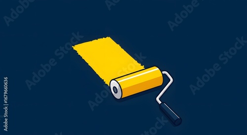 Yellow Paint Roller Painting Sunny Stripe on Dark Blue Surface