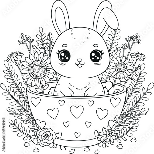 Cute bunny in a teacup coloring page