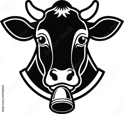 Vector art of a striking black and white graphic illustration of a cows head wearing a bell, presented frontally with a bold outline, isolated on a