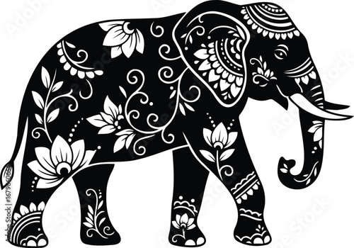 Elegant Elephant Embellished: A captivating monochromatic depiction of an exquisitely adorned elephant, meticulously decorated with intricate floral and ornamental designs.