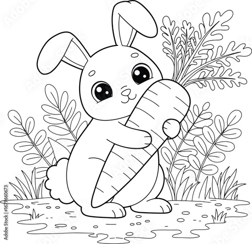 Cute bunny holding a carrot coloring page