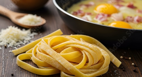 Yellow Pasta Noodles with Eggs and Meat on Wooden Surface