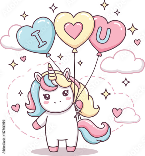 Cute unicorn holding i love you balloons