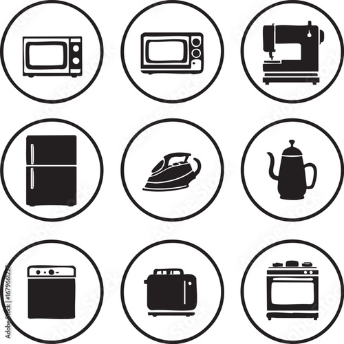 Set of Black and White Household Appliances, a Collection of Modern Home Icons