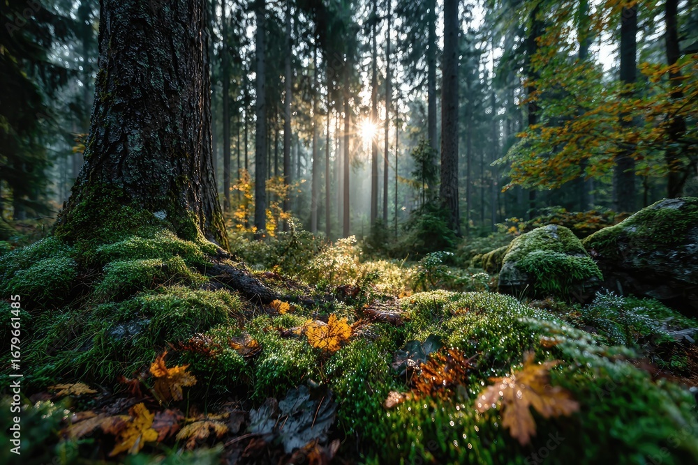 Obraz premium Sunlight streams through a misty autumn forest
