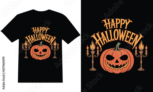 Grinning pumpkin with candelabra and festive text halloween